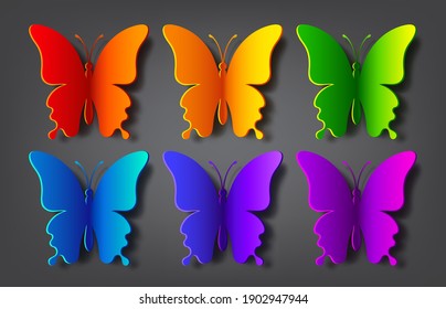Mariposas de papel coloreadas con sombra vectorial. La silueta de una mariposa es perfecta para pegatinas, iconos, tarjetas de felicitación y certificados de regalo
