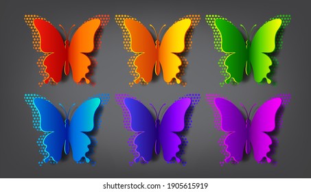 Colored paper butterflies with vector shadow and halftone. Silhouette of a butterfly is perfect for stickers, icons, greeting cards and gift certificates
