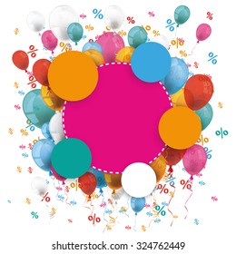 Colored paper circles with colored balloons and percents on the white. Eps 10 vector file.