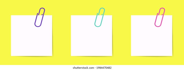 Colored paper clip with blank white note paper. White sheet for your message or adding more text. Vector illustration