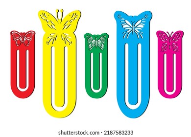 Colored paper clip bookmarks with a cut-out butterfly decoration. Laser cutting. paper cut