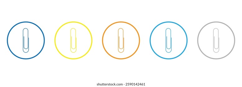 Colored paper clip isolated vector image set against a white background. Office paperclip in blue, yellow, orange and grey colors. School supplies. Stationery elements. Eps file 11.