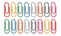 Colored Paper Clips. Fasteners Document Sheets Realistic Clip, Office Organized, Color Metal School Stationery, Announcement Holders, Paperclips Collection. Vector Isolated Set