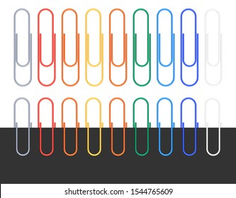 Colored paper clips isolated on a white background. Vector illustrations set. Used to hold sheets of paper together. Office supplies design. Paperclips made of steel wire bent to a looped shape.