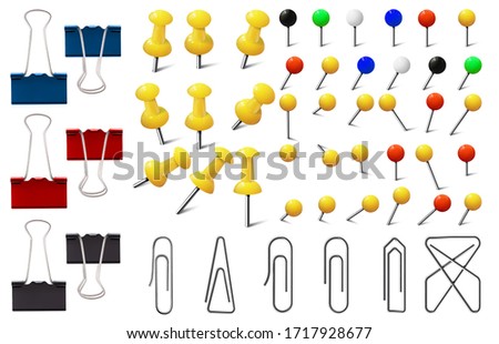 Colored paper clips and pins, various pushpins, map tacks