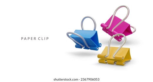 Colored paper clips. Stationery. Realistic binder clip with shadows on white background. Symbol of fixation, binding. Archiving, careful storage of documents