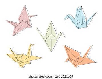 Colored paper cranes outline set. Various paper cranes. Origami flying bird symbol. Vector illustration