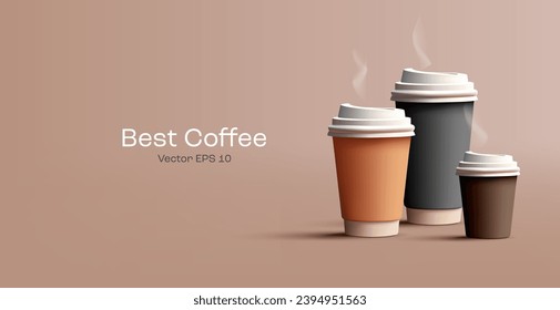 Colored paper cups for coffee with a hot drink. 3D. For advertising and branding concepts, coffee, tea. For cafes and restaurants. Drinks to take away. Vector