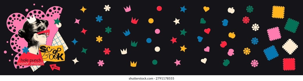 Colored paper cutout shapes set handmade by craft hole punch. Circle, heart, flower, star and snowflake sticker overlays for scrapbook, card making, journaling and collage project. Vector isolated