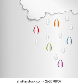 Colored paper drops falling from the  white cloud, white decoration, vector