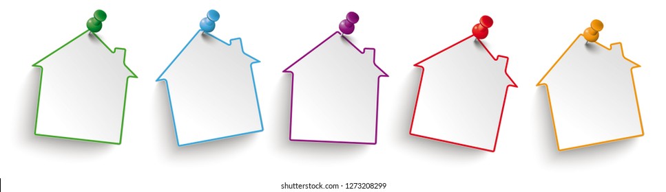 Colored paper housese with colored pins on the white background. Eps 10 vector file.