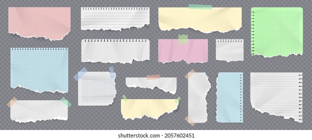 Farbige Notizbuchstreifen und Seiten mit gerippten Kanten. Realistische, zerrissene Copybook-Stücke mit Klebeband. Gesenkte klebrige Noten, Vektorset. Geräumige und beschädigte Fragmente für Memos