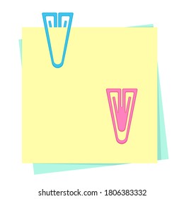 Colored paper notes with plastic paper clips. School and office supplies collection. Flat vector illustration isolated on white background 