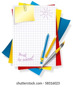 colored paper and pens, back to school background