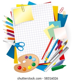 colored paper and pens, back to school background