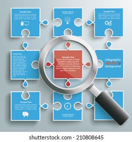 Colored paper puzzle pieces with loupe on the grey background. Eps 10 vector file.