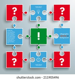Colored paper puzzle pieces with question and exclamation marks on the grey background. Eps 10 vector file.