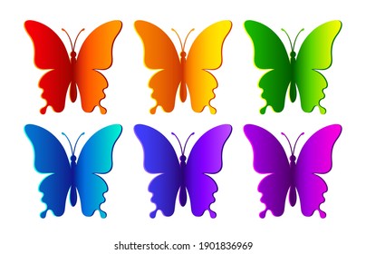 Colored paper realistic butterflies isolated on white background. Silhouette of a butterfly is perfect for stickers, icons, greeting cards and gift certificates

