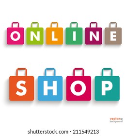 Colored paper shopping bags with the text "online shop" on the white background. Eps 10 vector file.