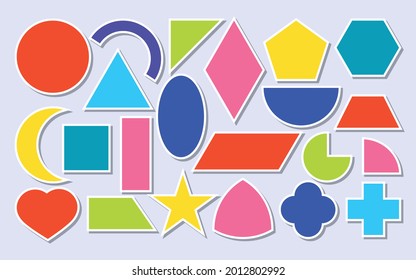 Colored paper sticker geometric shapes icons set. Basic math forms as square, circle, oval, triangle, star, rhombus and other. Kit for learning kid in school or for notes. Isolated vector illustration