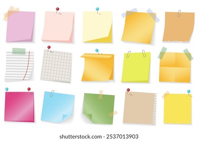 Colored paper stickers mega set elements in flat graphic design. Collection objects of different note pages with sticky tapes or pins, to do lists, reminders and memo messages. Vector illustration.