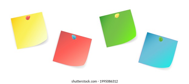 Colored paper stickers for notes with shadow set isolated on white background. Vector stock illustration. 