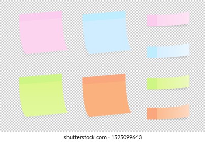 Colored paper stickers set with different designs on a transparent background. Shaded sticky notes on a transparent background.