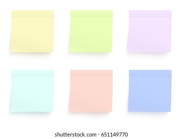 Colored paper stickers set. Shadowed sticky notes on white background. Template for your design works. Vector illustration.
