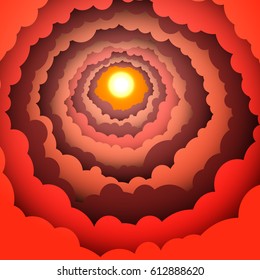Colored paper sunset background. Vector illustration of orange sun shining between red clouds in the evening. Colorful nature sunset scene in colored paper technique. Sunshine tunnel in the skies.