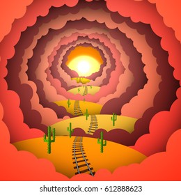 Colored paper technique red clouds and sunset in the desert, nature scene with an old railroad that going into the distance over dry sand hills with cactuses. Abstract colorful vector illustration.