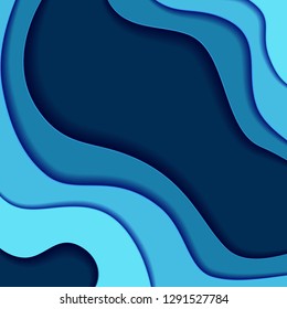 Colored paper waves, 3D background texture of layers of depth. Abstract background in shades of blue. Origami shapes. Vector illustration.