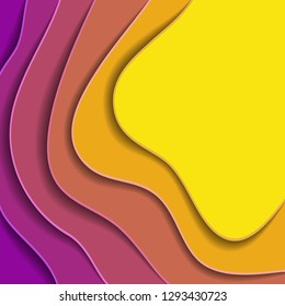 Colored paper waves, 3D background texture of layers of depth in purple and yellow tones. . Abstract background in origami shapes. Vector illustration.