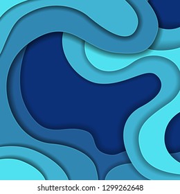 Colored paper waves, abstract, geometric background texture layers of depth in shades of blue. Paper cut style. Vector illustration.