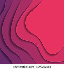 Colored paper waves, abstract, geometric background texture layers of depth in shades of pink and purple. Paper cut style. Clipping mask. Vector illustration.