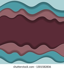 Colored paper waves, abstract, geometric background texture layers of depth in shades of blue and maroon. Paper cut style. Vector illustration.