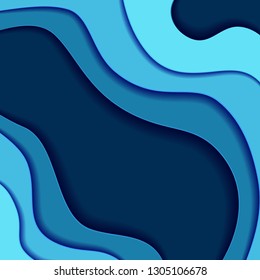 Colored paper waves, abstract, geometric background texture layers of depth in shades of blue. Paper cut style. Vector illustration.
