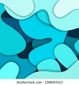 Colored paper waves, abstract, geometric background texture layers of depth in shades of blue. Paper cut style. Vector illustration.