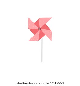 The colored paper windmill is decorated with dots. Pink shades. Perfect as a baby shower decoration.