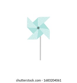 The colored paper windmill is decorated with dots. Blue shades. Perfect as a baby shower decoration.