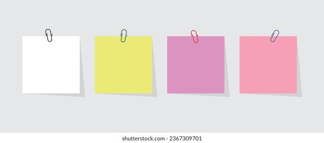 Colored paperclip with blank notepaper. Vector illustration flat design. Isolated on a white background. Template for memo. Notebook space.
