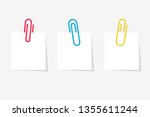Colored paperclip with blank white notepaper. White sheet for your message or adding more text. Vector illustration flat design. Isolated on white background. Template for memo. Notebook space.