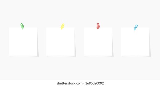 Colored paperclips with blank white notepaper set. White sheets for your message or adding more text. Isolated on white background. Template for memo.