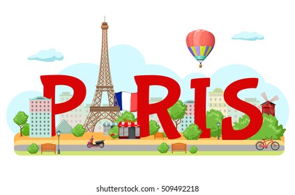 Colored paris city sign composition with big red letters and Eiffel Tower vector illustration