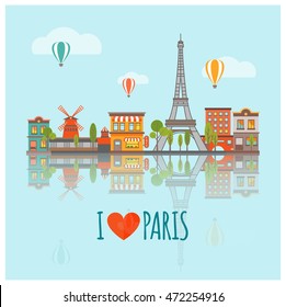 Colored Paris skyline poster with panorama of the city with major attractions vector illustration