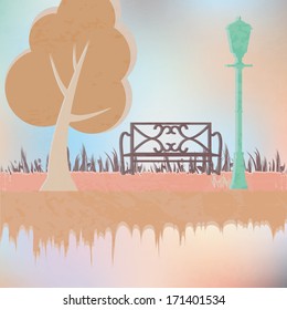 a colored park with a chair, a lamp and a tree
