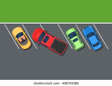 Colored Parked cars. Bad parking pickup, top view. Color Flat style vector illustration background for web design or print