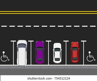 Colored parked cars parked by the road, top view. Two free places. background for web design or print. vector illustration