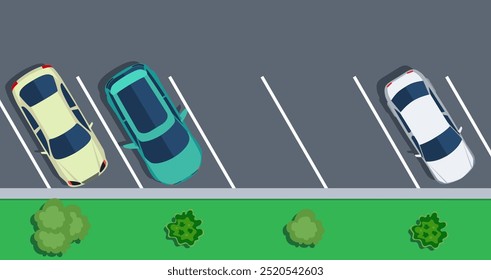 Carros coloridos estacionados no estacionamento, vista superior. Dois lugares livres. Ilustração vetorial em design plano. plano de fundo para web design ou impressão