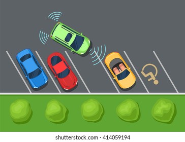 Colored Parked cars on the parking, top view. Parking assist system safety, smart car. Color Flat style vector illustration background for web design or print