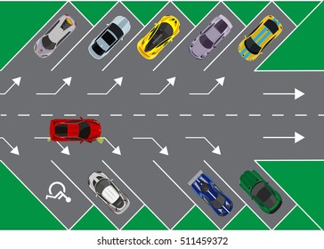 Colored Parked cars on the parking, top view.  Free place.Parking zone. Color Flat style vector illustration background for web design or print
